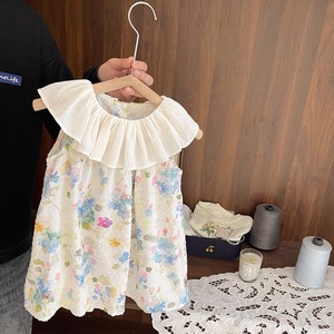 【80-130cm】ビッグカラーノースリーブフラワーワンピース