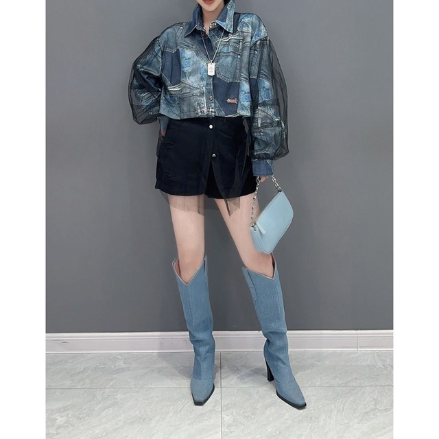 Denim print tulle layered oversized shirt C1149