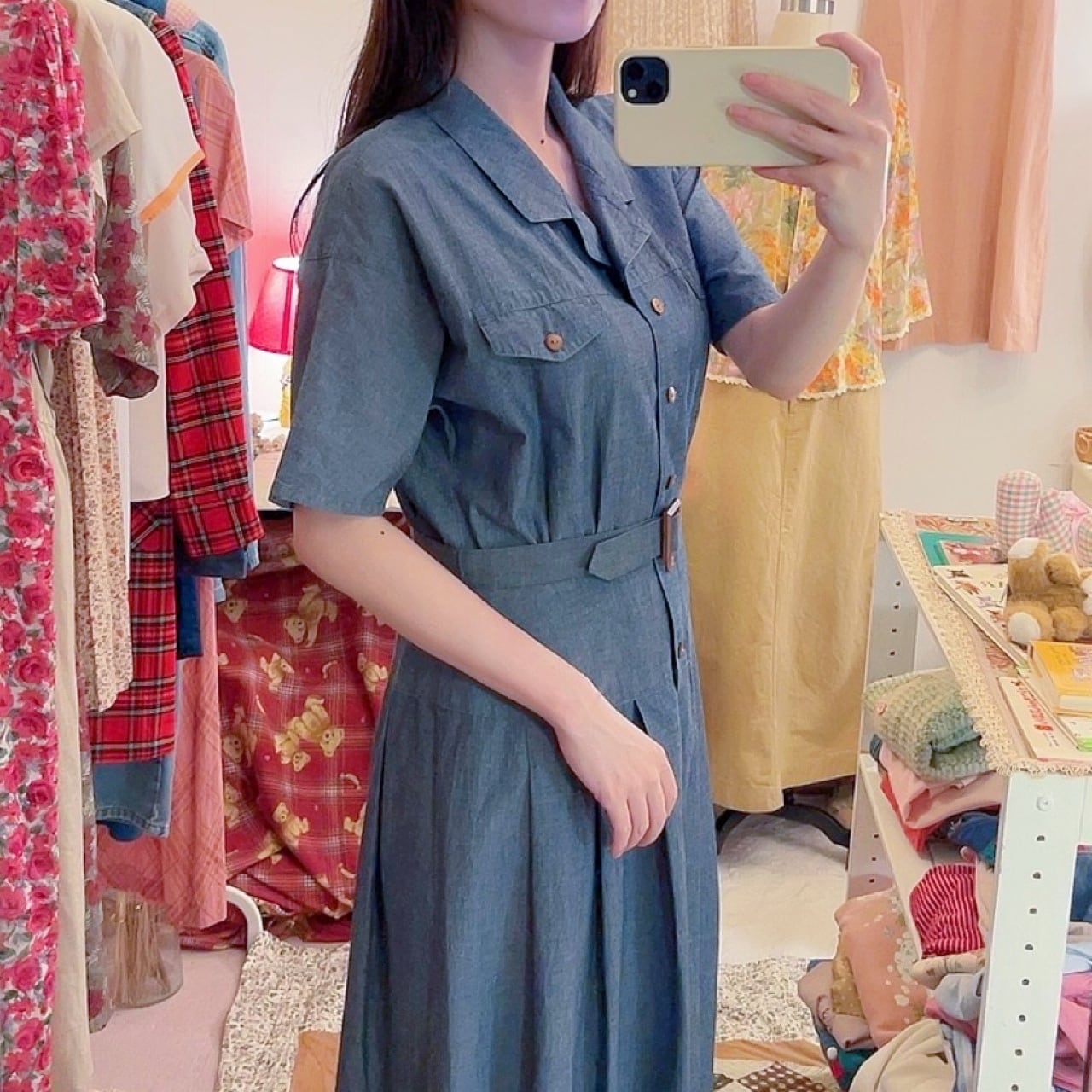 chambray open collar one-piece