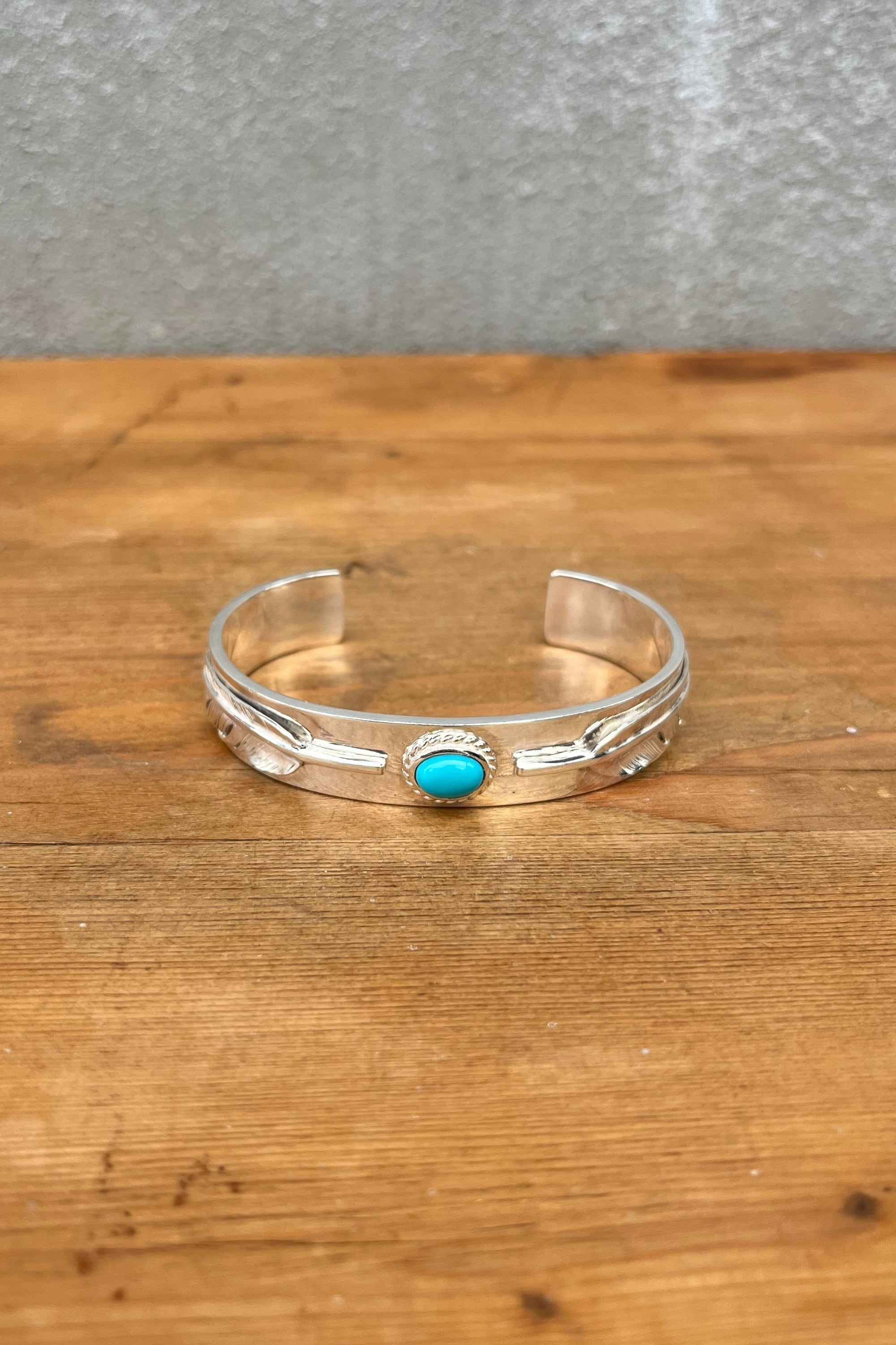 銀縄ターコイズ付フェザー平打ブレス