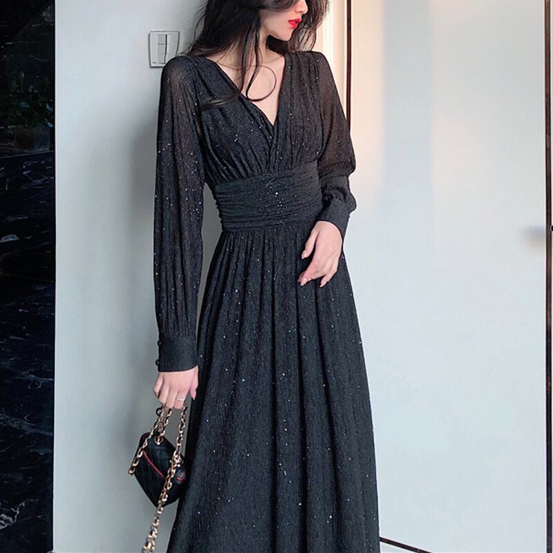 ワンピース 全3色展開 Vネック 無地 パーティー ドレス 綺麗 黒 赤 ピンク カジュアルワンピース Miyabigo