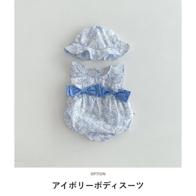 【セット】ブルーフラワーフリルリボンロンパース帽子セット - 2