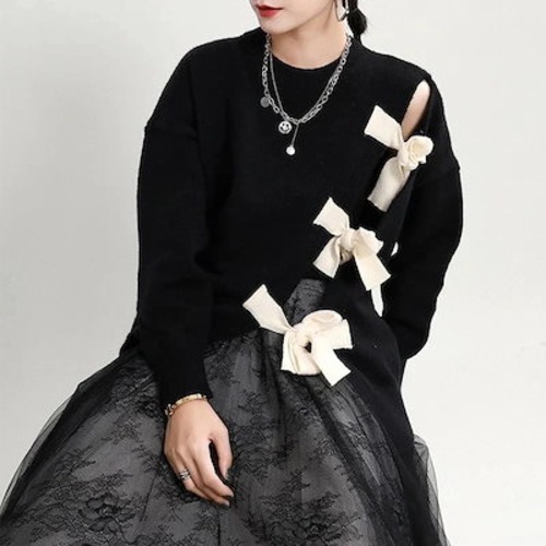 【J.Fashion】 セーター 春秋冬 蝶夢 飾り付き ニット ゆったり スリット レディース ニット カシミヤタッチ ブラウス メガ割