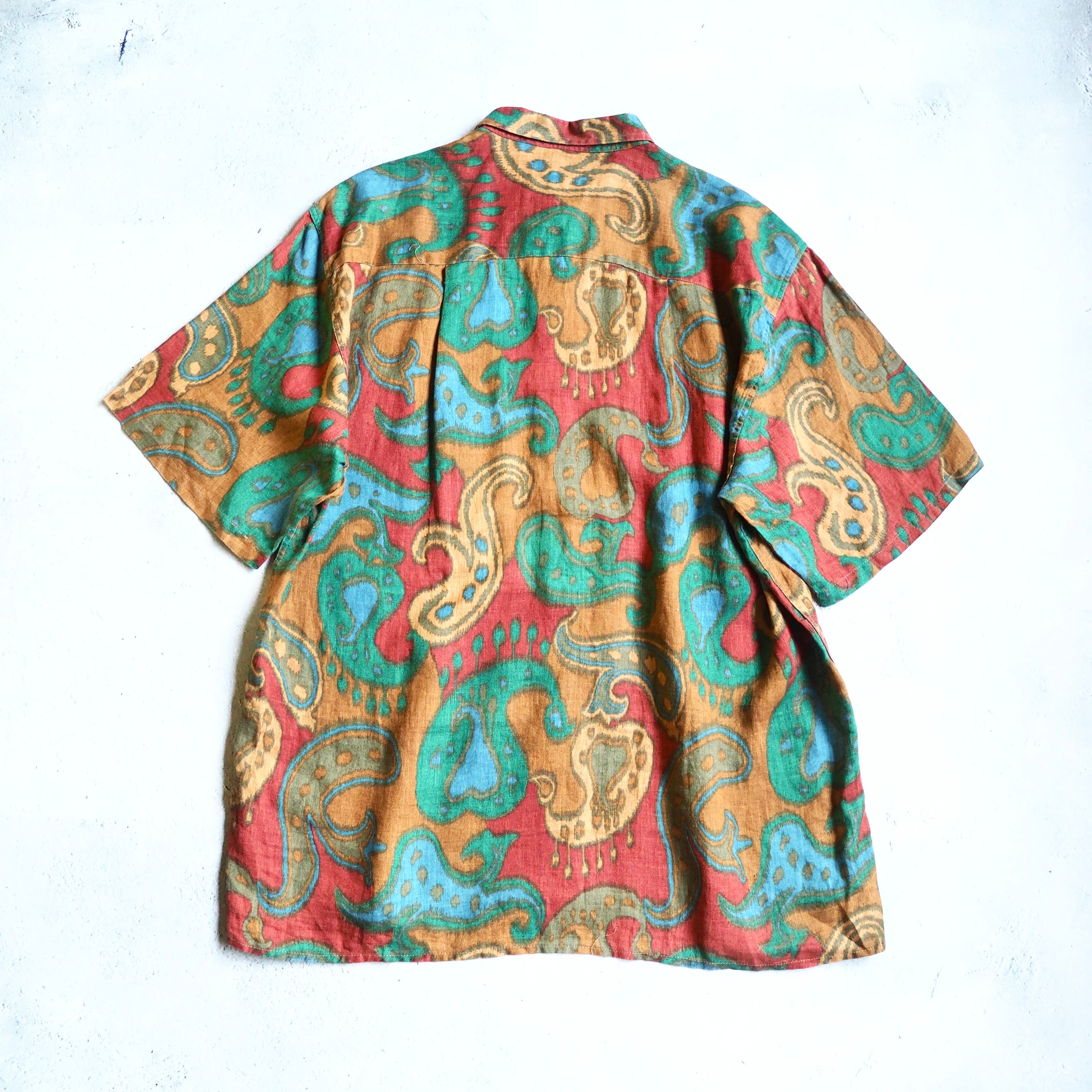 1990s " Made in Italy " Beautiful paisley pattern vintage loose SS linen shirt