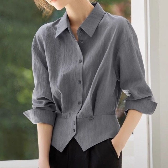 Polo collar elegant single breast waist slim blouse ( 2color )