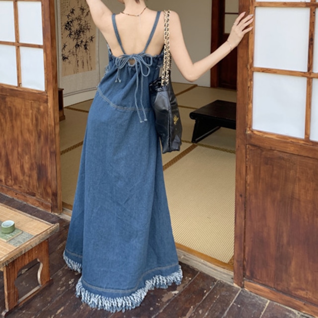 Tassel Denim Sling Long Dress