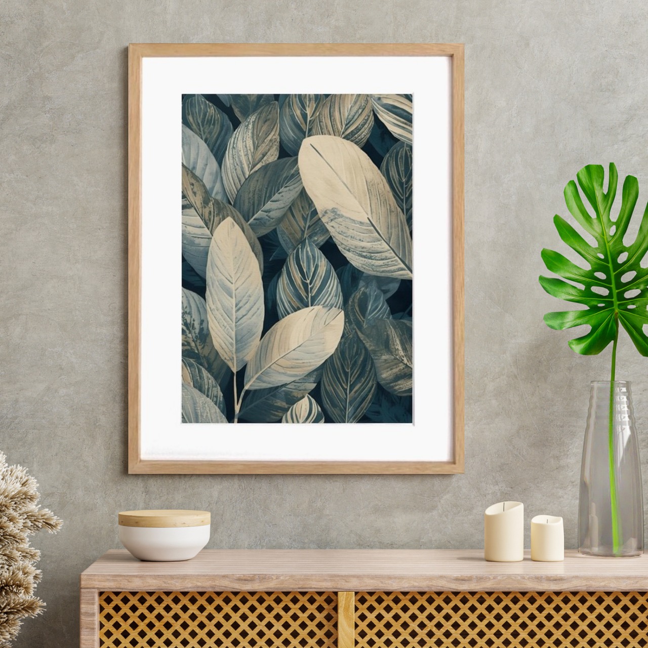 Whispering Leaves｜静寂と自然が調和するボタニカルアートポスター｜穏やかな葉の色彩が空間に癒しと上質な落ち着きを添えるインテリアA2ポスター