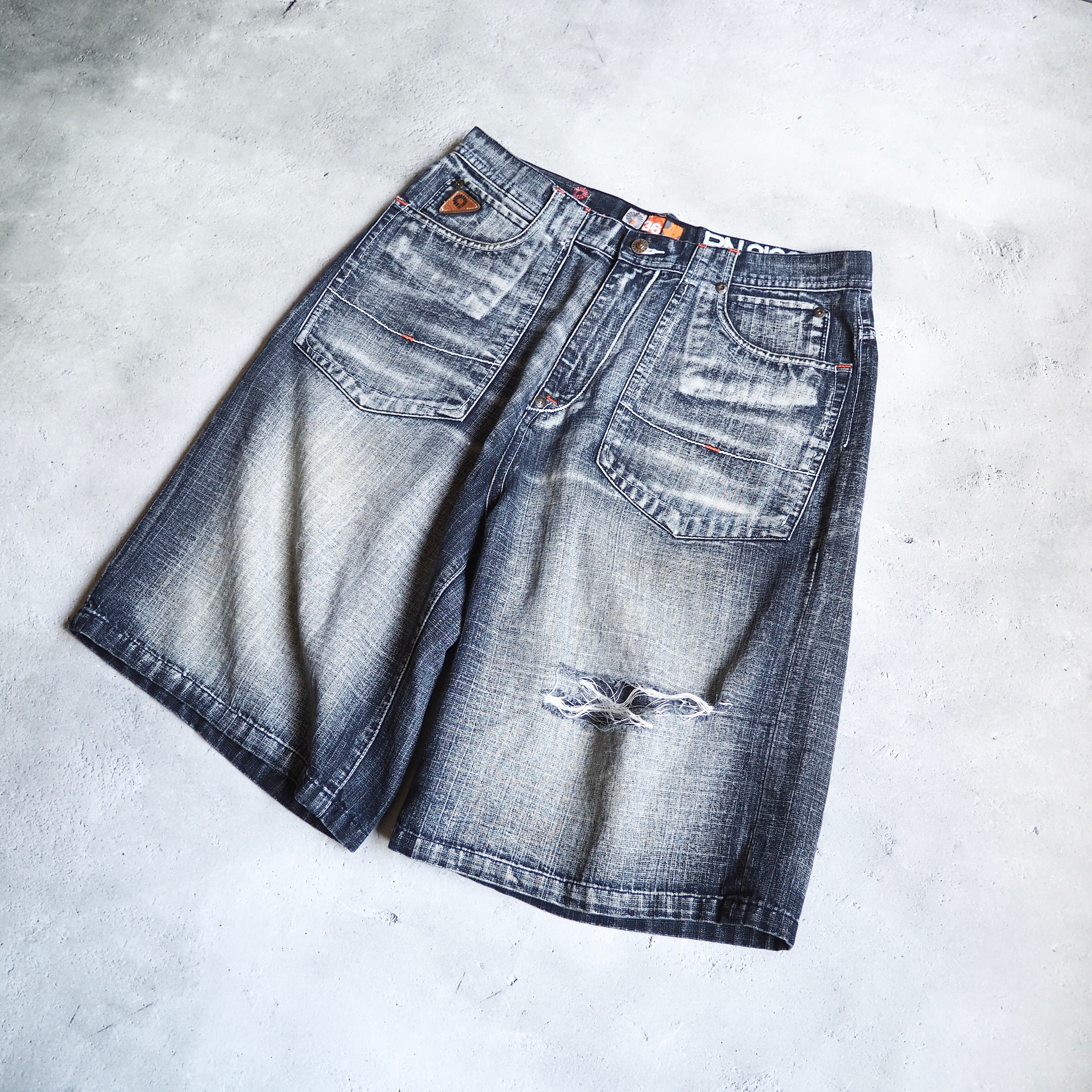 " Special - AKADEMIKS " Good Fade × Damage Vintage Baggy Denim shorts