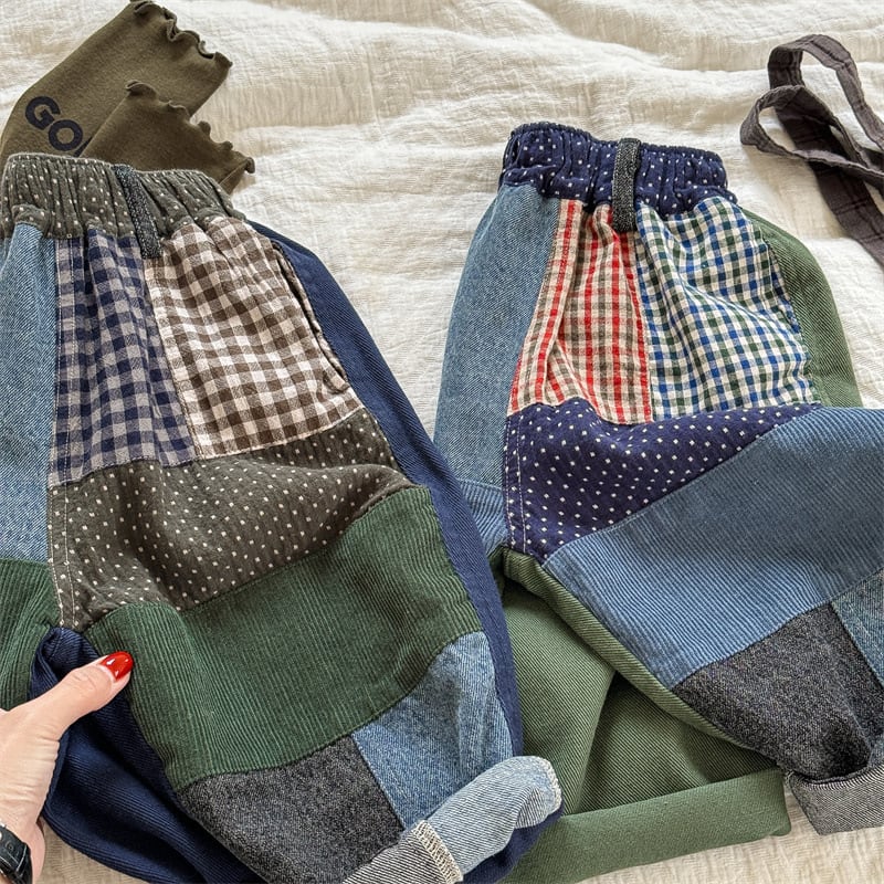 取寄》 パッチワーク風ツギハギパンツ （ブルー／グリーン） ADBB 2024