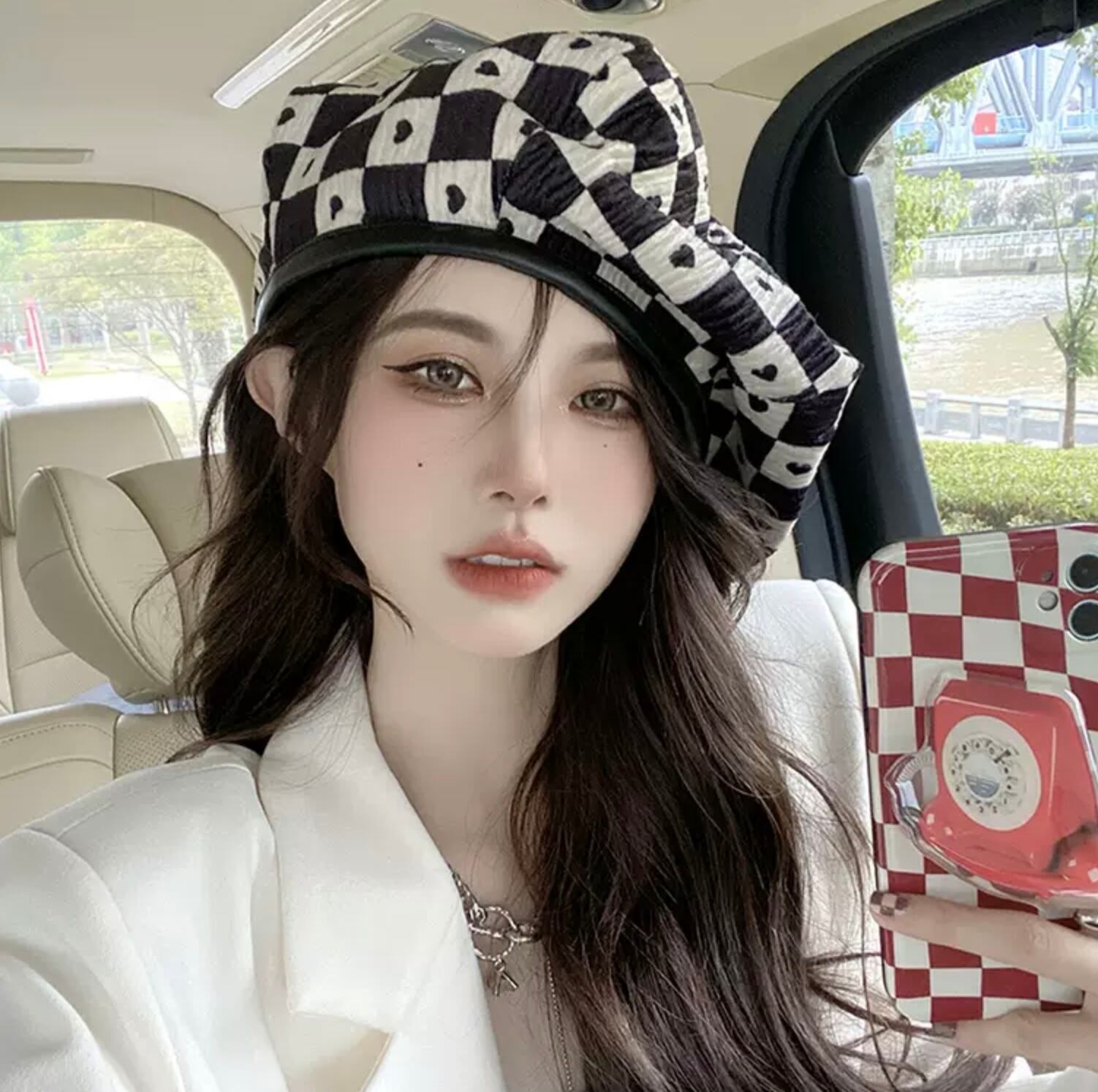 個性派 レトロ柄 ベレー帽 帽子 ふんわり ボリューム かわいい 韓国っぽ チェッカー柄 トランプ柄 モノトーン 市松柄 ハート Lamitte Deco トレンド 韓国ファッション ショップ Base店