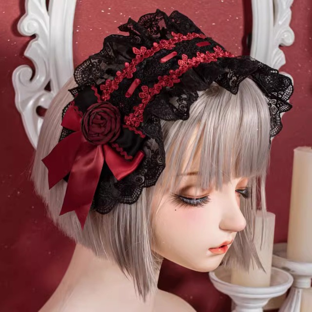 【即納】 ヘッドドレス 薔薇 レース リボン ダーク ストリート系 ゴシック レース 原宿ファッション 病み可愛い 地雷系 量産型 バンギャ Y2K