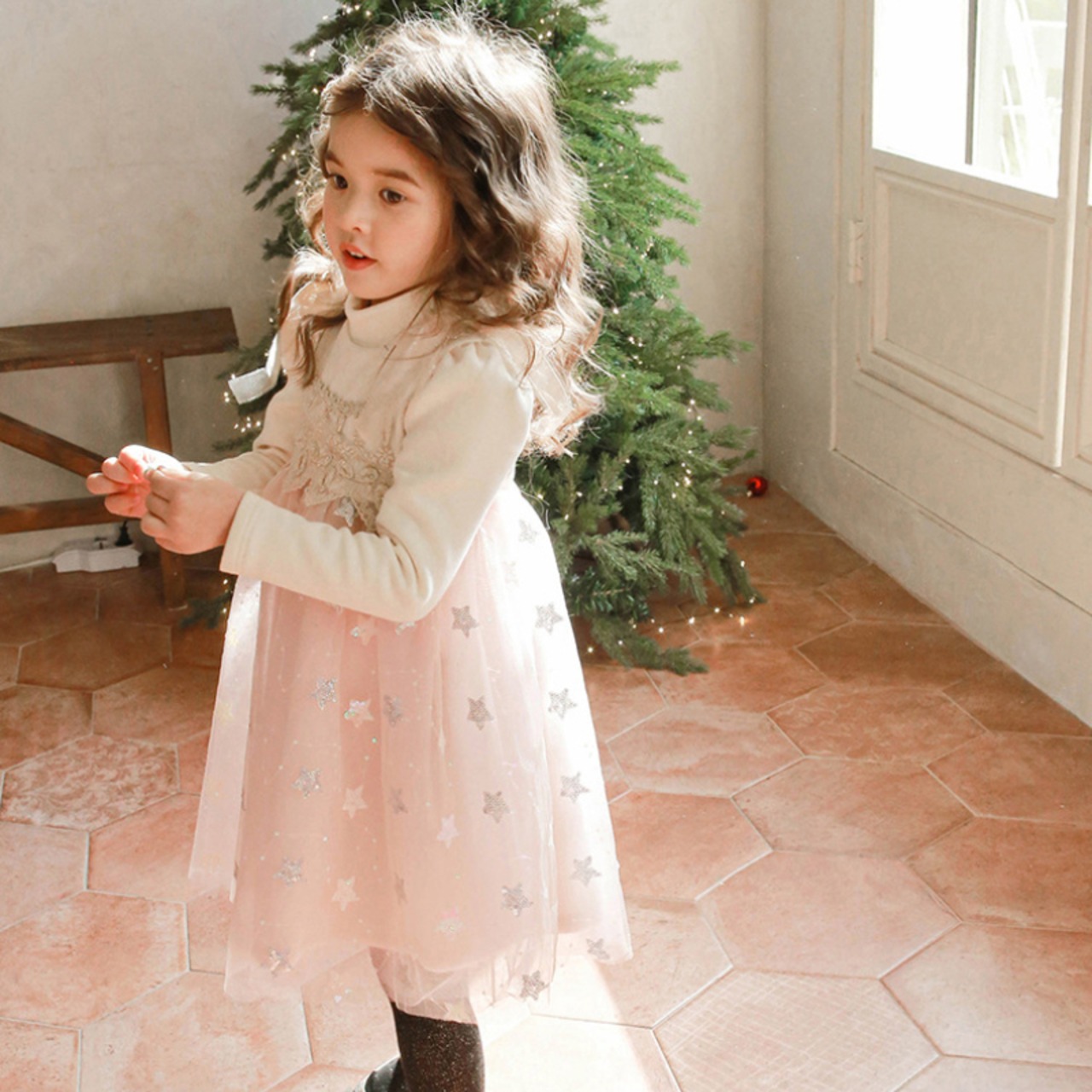 キラキラ星柄チュールワンピース2色