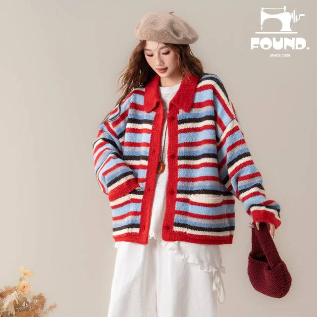 Striped Polo Collar Knit Cardigan(FD212)
