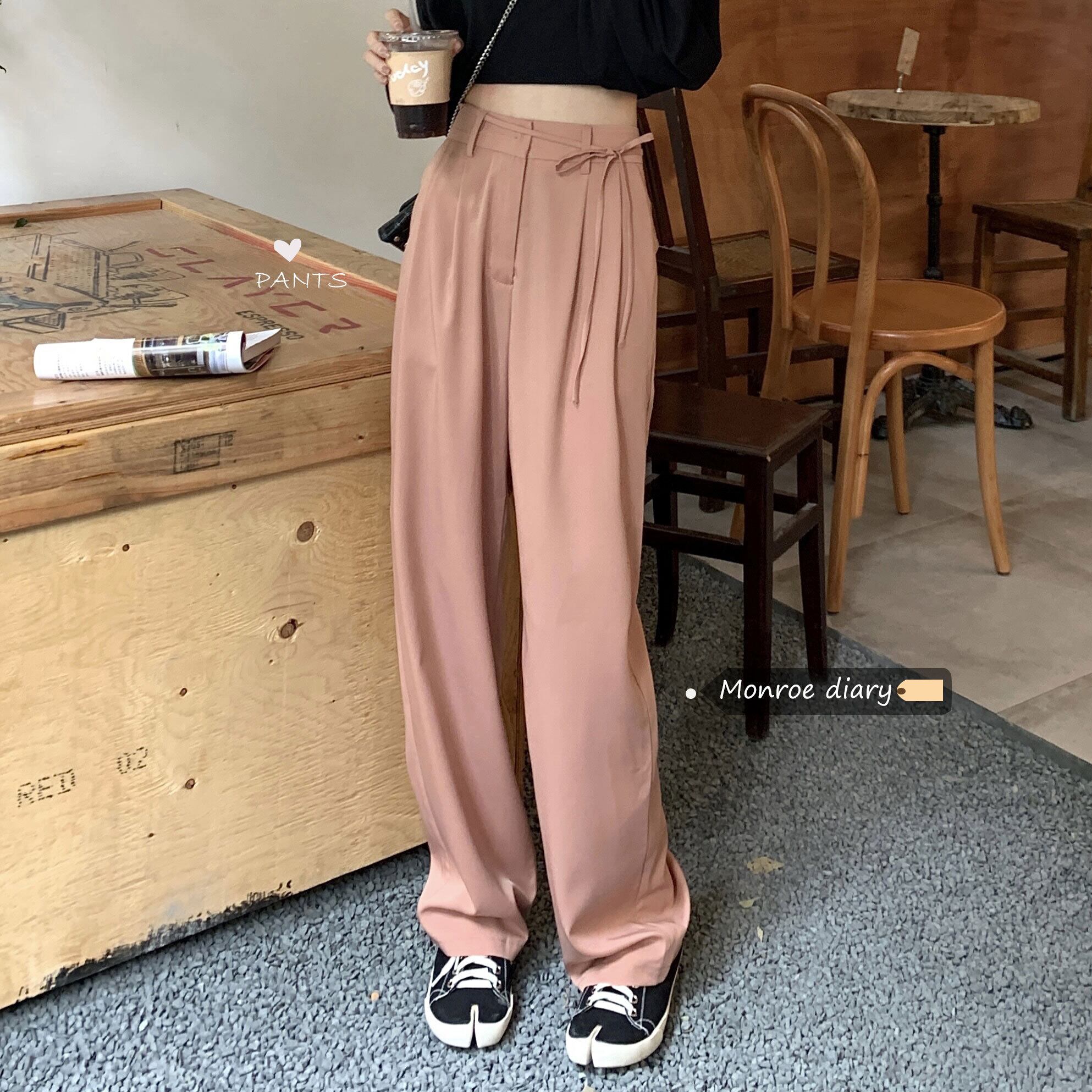 ハイウェストウェストカジュアルパンツ スプリングオータム薄手ルーズワイドレッグ ピンク 春物 秋物 ワイドパンツ モンロー18736498218