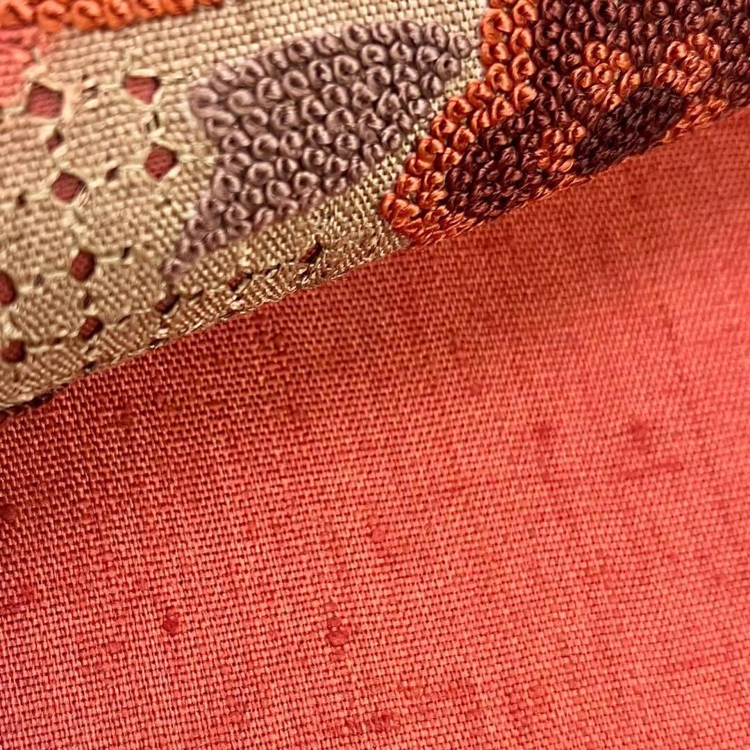 名古屋帯 相良刺繍 汕頭刺繍 抽象花草模様 紬 弁柄色 O-4120