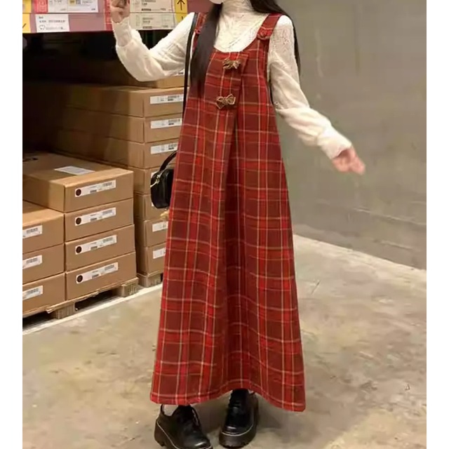 Red Plaid Pinafore Dress  (CF035)