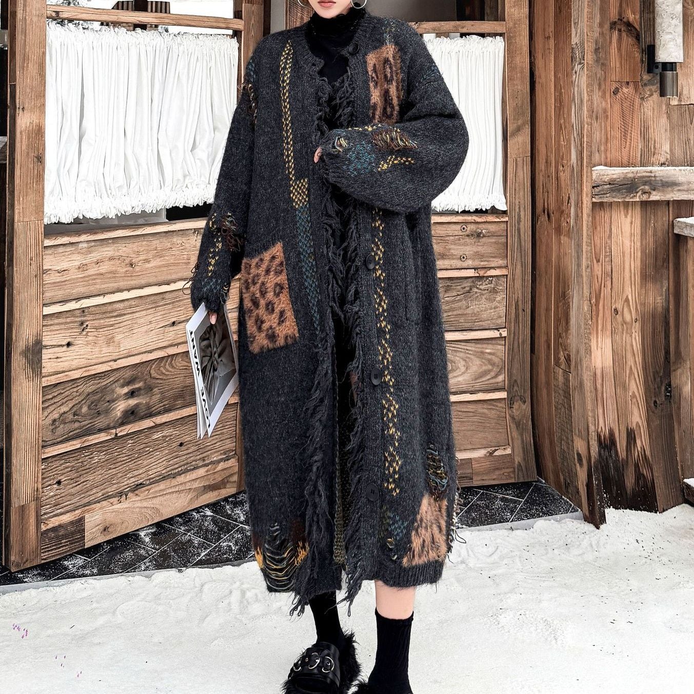 LEOPARD PANEL FRINGED LONG KNIT CARDIGAN COAT M-18747