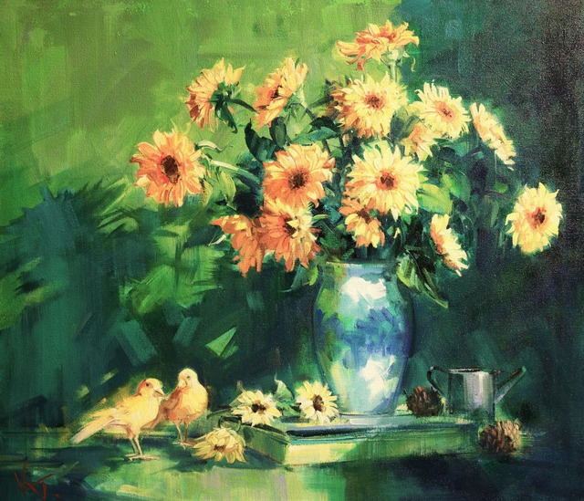 ひまわりと黄色い鳥 -Sunflower and yellow bird-　F10