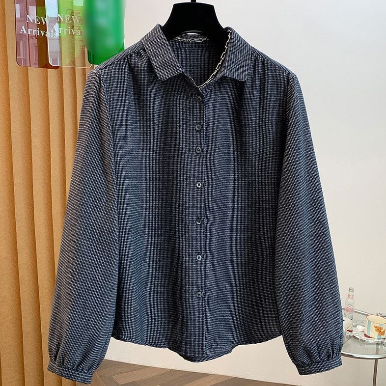 CHECK PATTERN TURN DOWN COLLAR SLEEVE SHIRT M-18444
