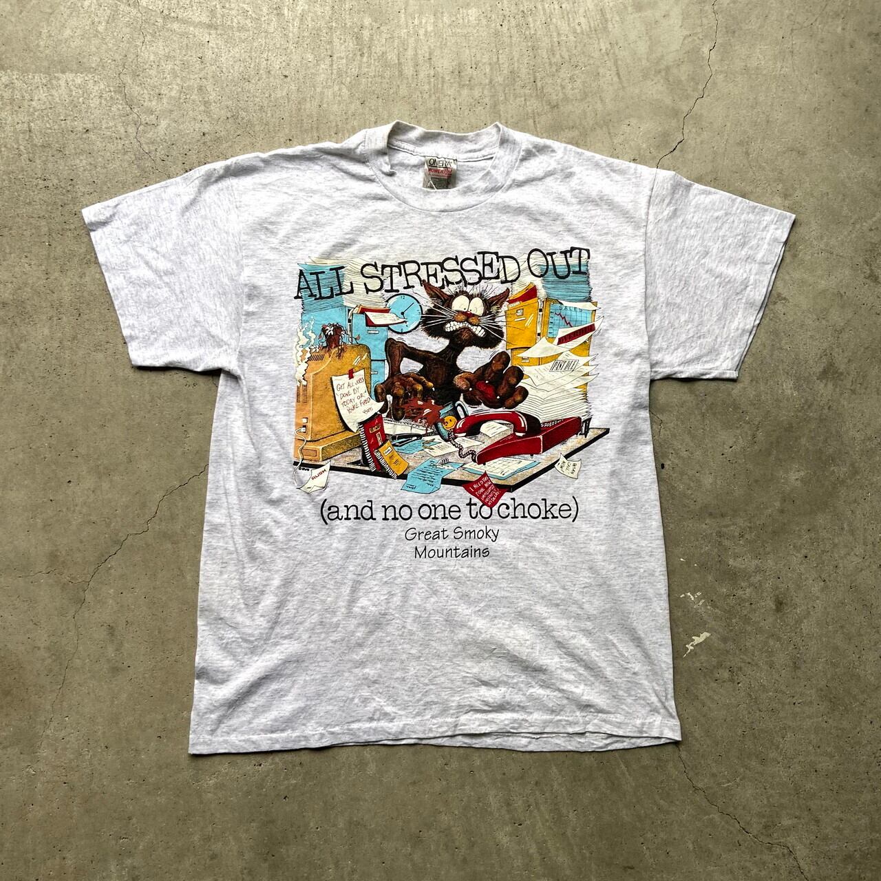 90年代 ネコ アニマルプリントTシャツ メンズL 古着 90s ビンテージ ヴィンテージ ONEITA オニータ シングルステッチ 動物 猫  ライトグレー 灰色【Tシャツ】【SA2204】【SS2207-50】 | cave 古着屋【公式】古着通販サイト