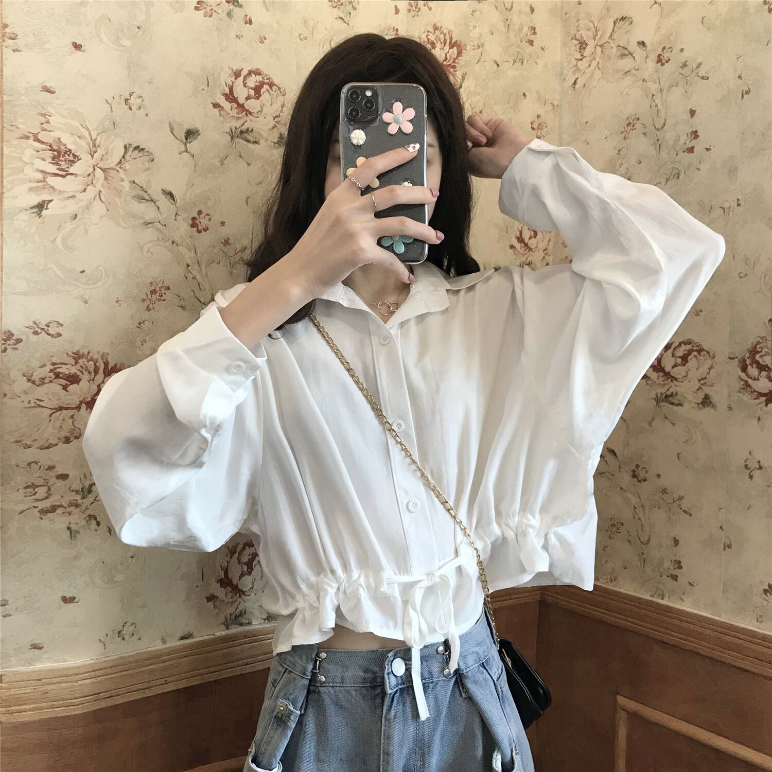 シャツ スプリングスタンダードギャザーホワイトトップス ロング レトロ 春物 1号婦人8616475899