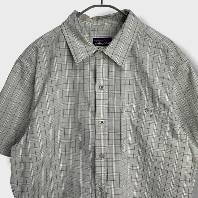 patagonia パッカーウェアシャツ　チェック柄半袖シャツ　グリーン系　M