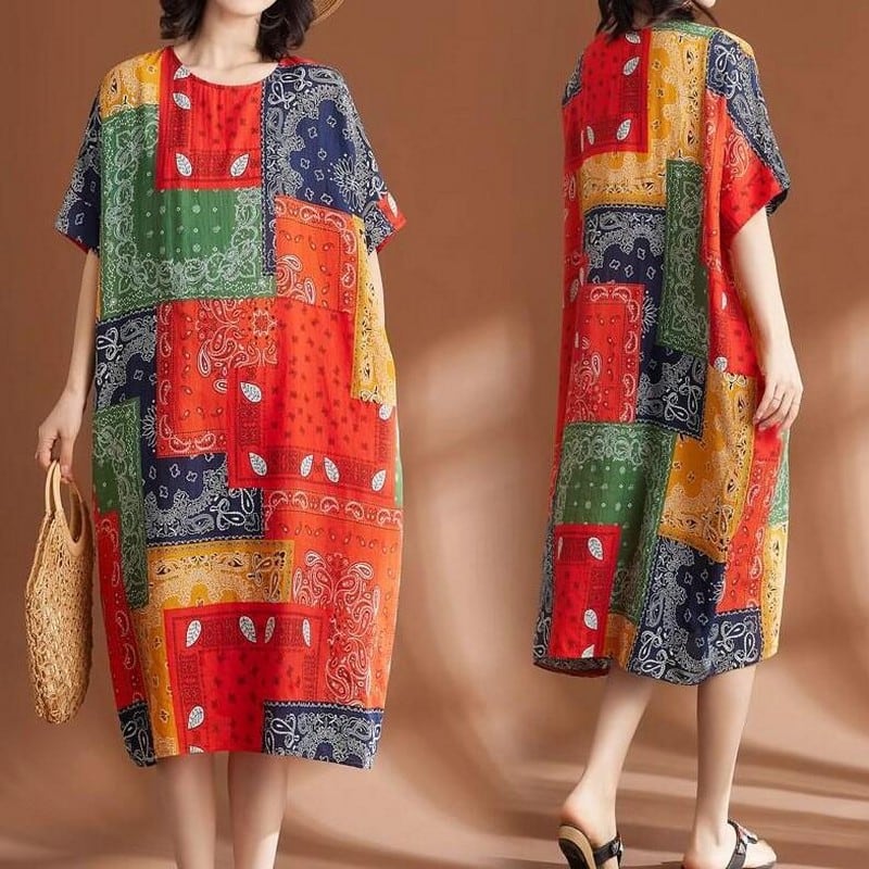 【美品♡カネコイサオ】花柄 半袖ワンピース　パッチワーク　ボルドー 半袖パッチワークペイズリーワンピース10661 | さらり＊ふわり