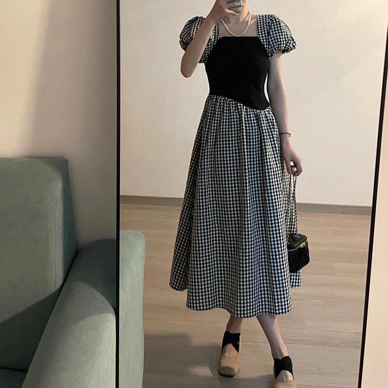 ワンピース レディース ロングワンピース フレアワンピース ギンガムチェック タック アシンメトリー 変形 スクエアネック 半袖 パフスリーブ ミモレ丈 ギャザー 袖ありワンピース サマードレス フレア ハイウエスト スタイルアップ 脚長効果 体型カバー シンプル フェミニン キュート ガーリー 上品 大人可愛い おしゃれ 普段使い イベント デート お出かけ 休日 リゾート 旅行 ファッション コーデ モテ 存在感 こなれ感 春 夏 ブラック S M L XL 10代 20代 30代 送料無料