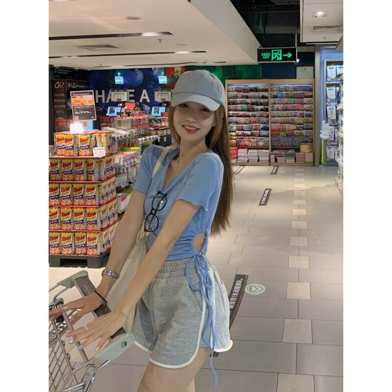 Tシャツ サマーブルー薄手ショートギャザープリーツトップス 夏物 ブラックストロベリース65588851327