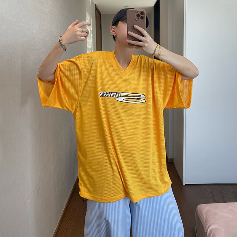 dannyandzeeVネックメッシュロゴプリント半袖Tシャツ