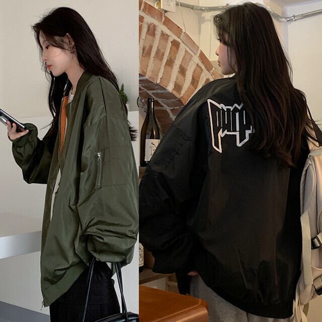 スタジャン レディース アウター オーバーシルエット ゆったり かっこいい メンズライク おしゃれ バックロゴ サイズ展開豊富 S/M/L/XL/2XL グリーン/ブラック