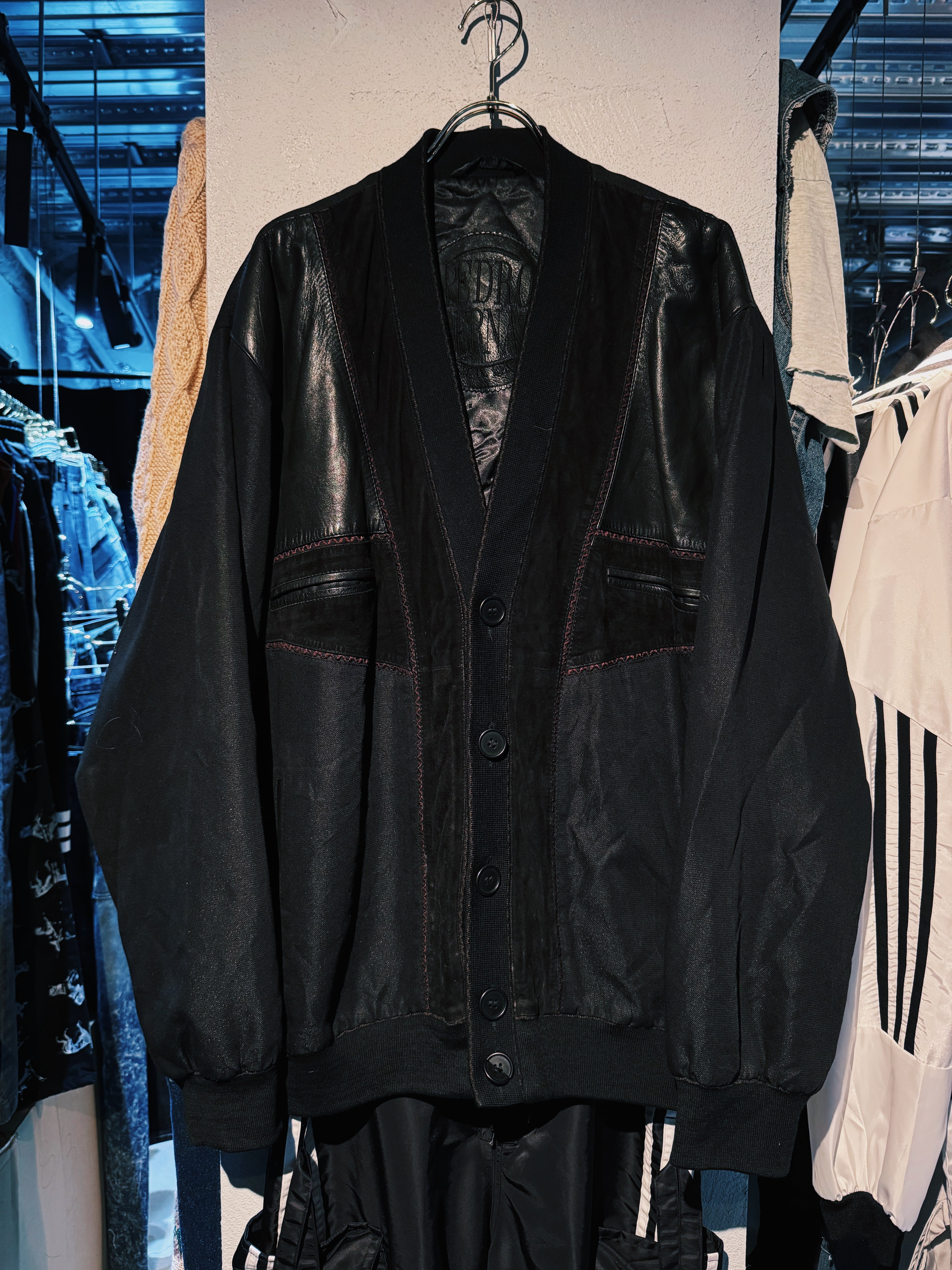 【D4C】vintage nylon switching desgin leather cardigan jacket