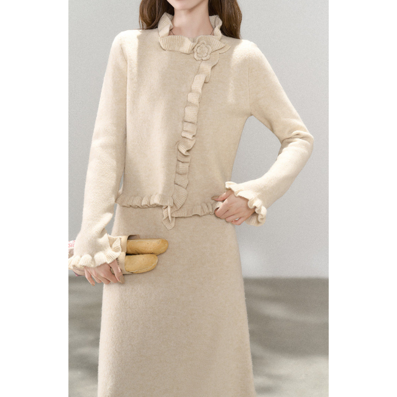 フリルニットカーディガンとスカートのセットアップ 3color W00848