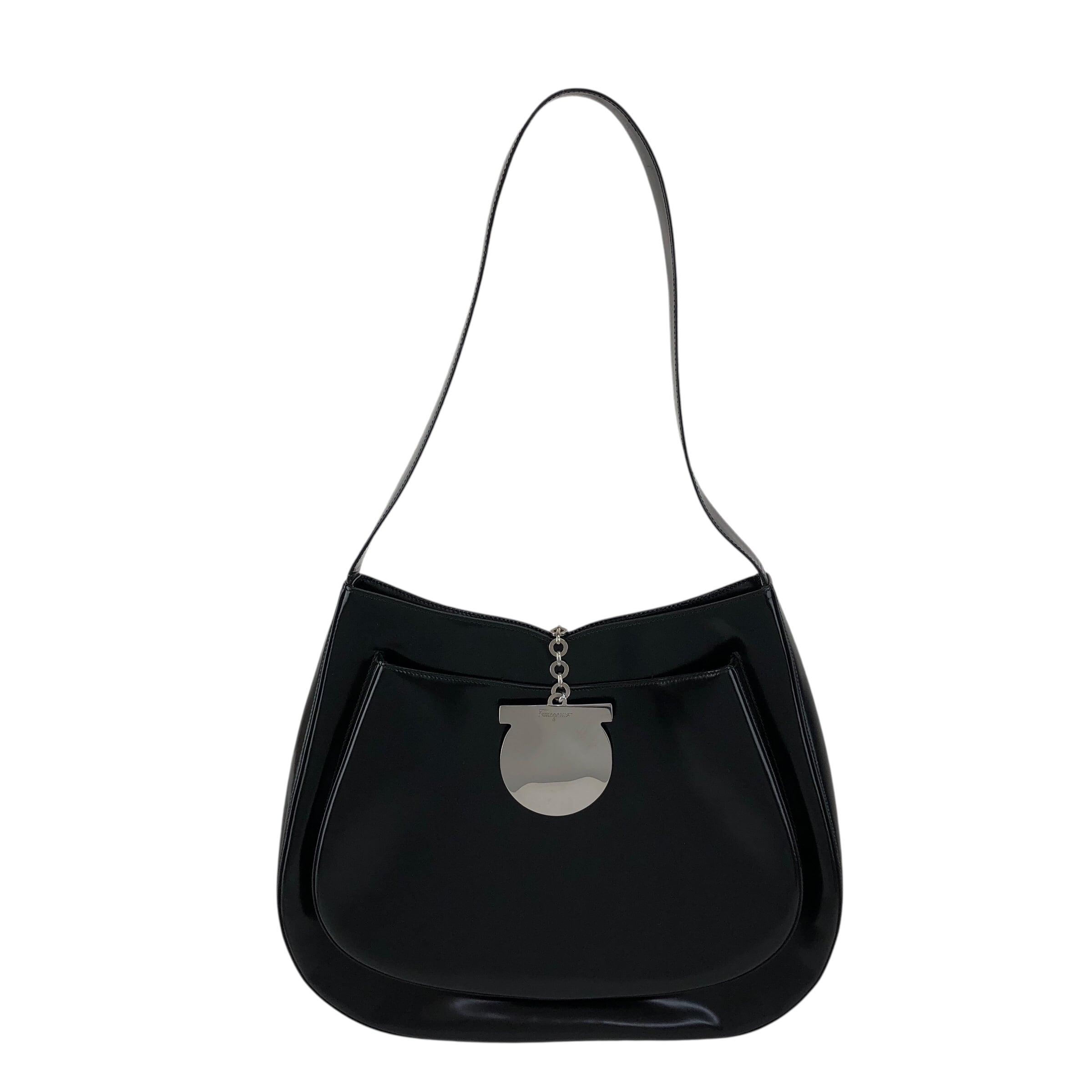 Salvatore Ferragamoエナメルバッグミラー付き ブラック 美品 中古