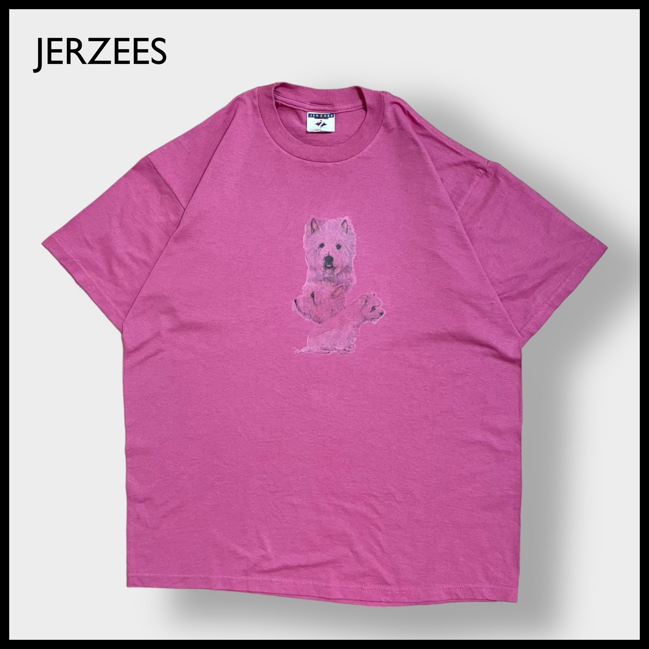 【JERZEES】90s USA製 アニマルプリント Tシャツ 犬 ワンちゃん L 半袖 ピンク US古着