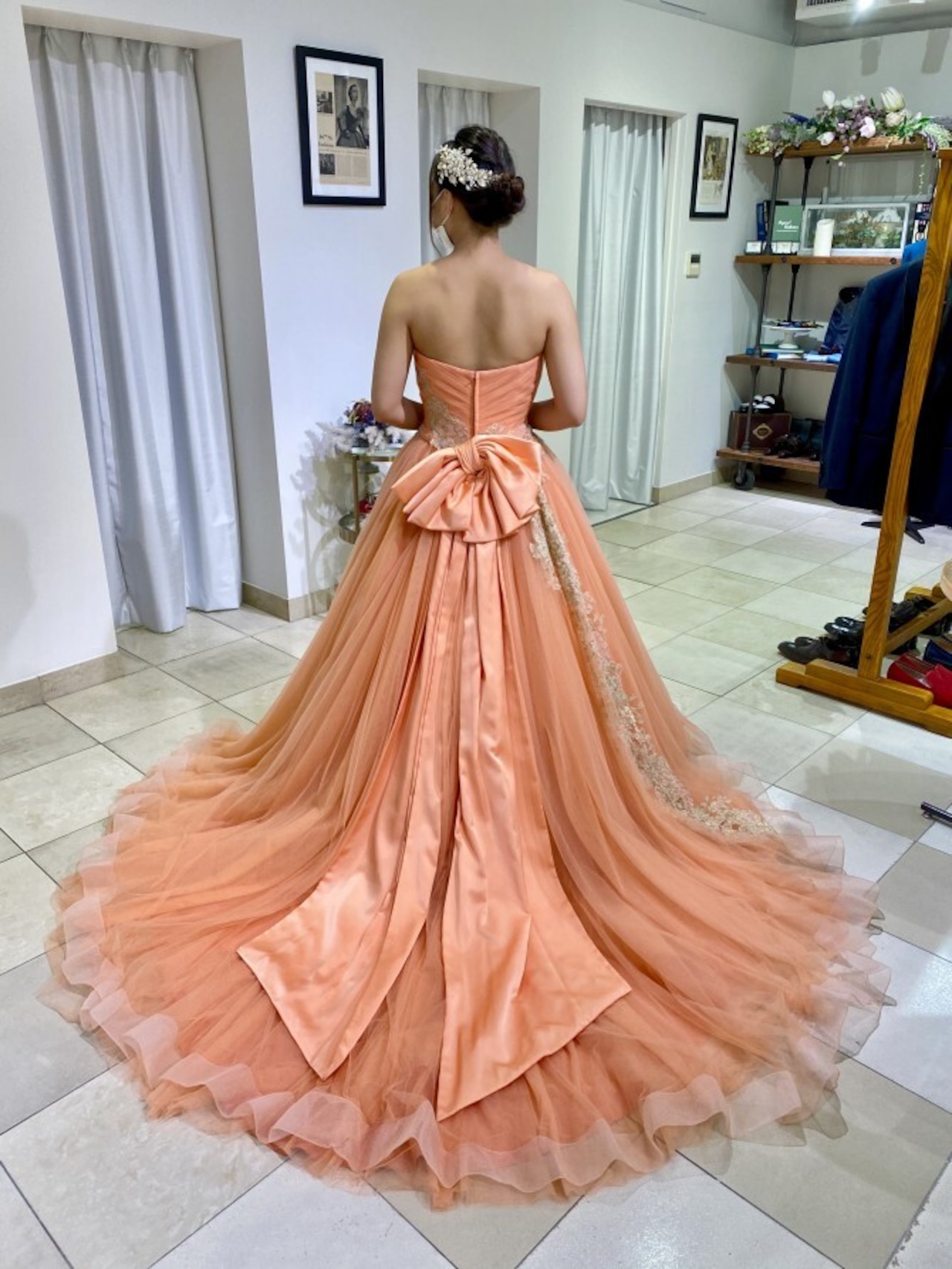 エレガント カラードレス オレンジ キラキラチュール バックレス 挙式  