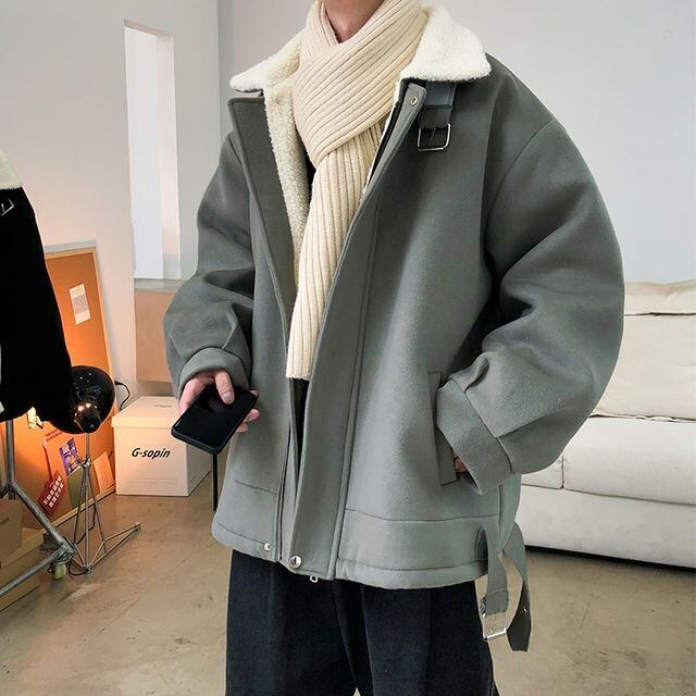 【予約販売】ブルゾン 襟ボア アウター カーキ ブルー ブラック ホワイト ベルト 冬 ジャケット ショート丈 メンズ シンプル 男前 こなれ感 お洒落 韓国 トレンド 秋 冬 S/M/L/XL/2XL