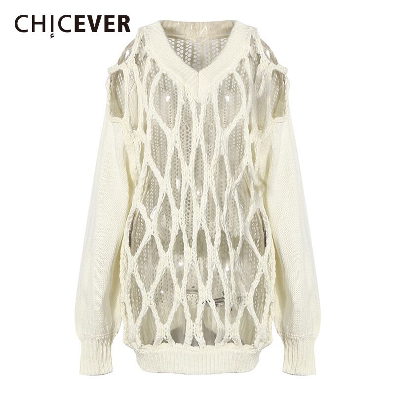 CHICEVERソリッドホローアウトニットセーターVネック長袖セクシーオフショルダーレディースセーター2020Fashioin ロング ソリッドカラー 6base578858463322