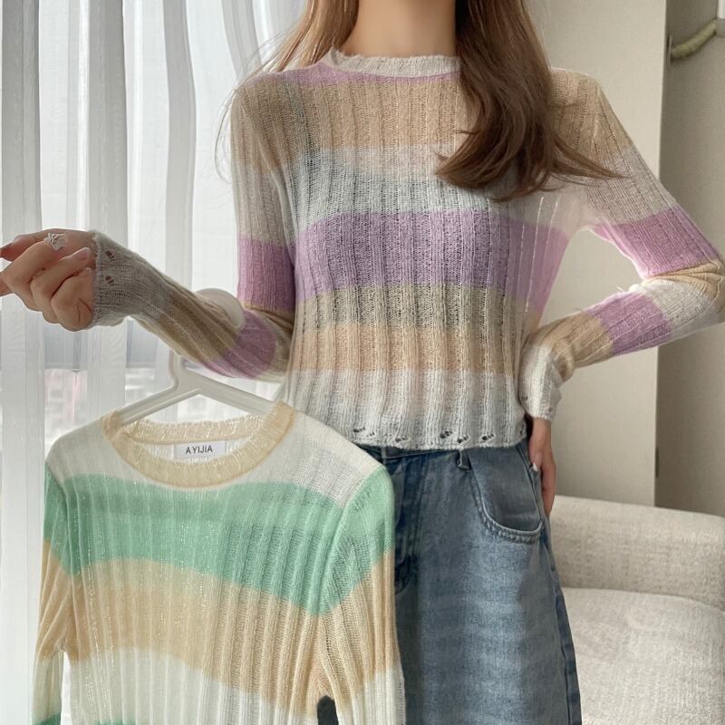 スタイル薄手ニットセーター オータムロングカラーストライプブラウス レディース 長袖 秋物 ハンチェンe88563465328
