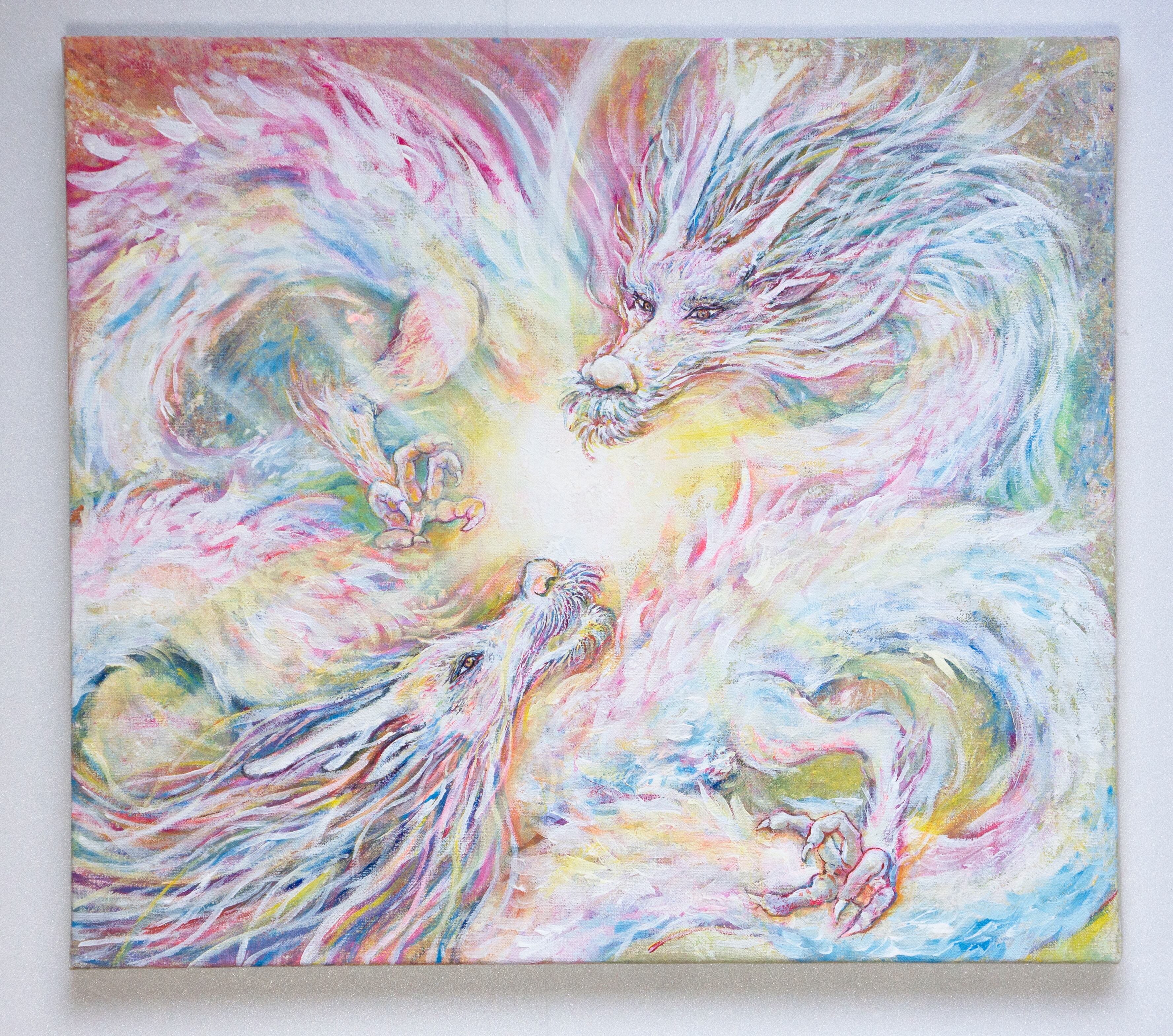 開運絵画 森羅万象 龍神絵画 光の絵 ツイン龍 壁飾り 原画 手描き 一点