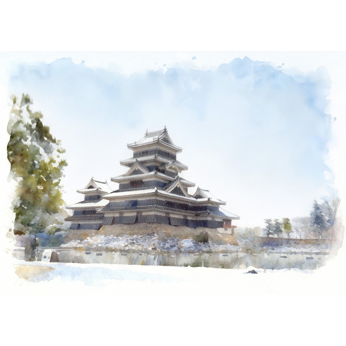 絵画 風景画 日本の城 長野県松本城 インテリアアート額付き 水彩画