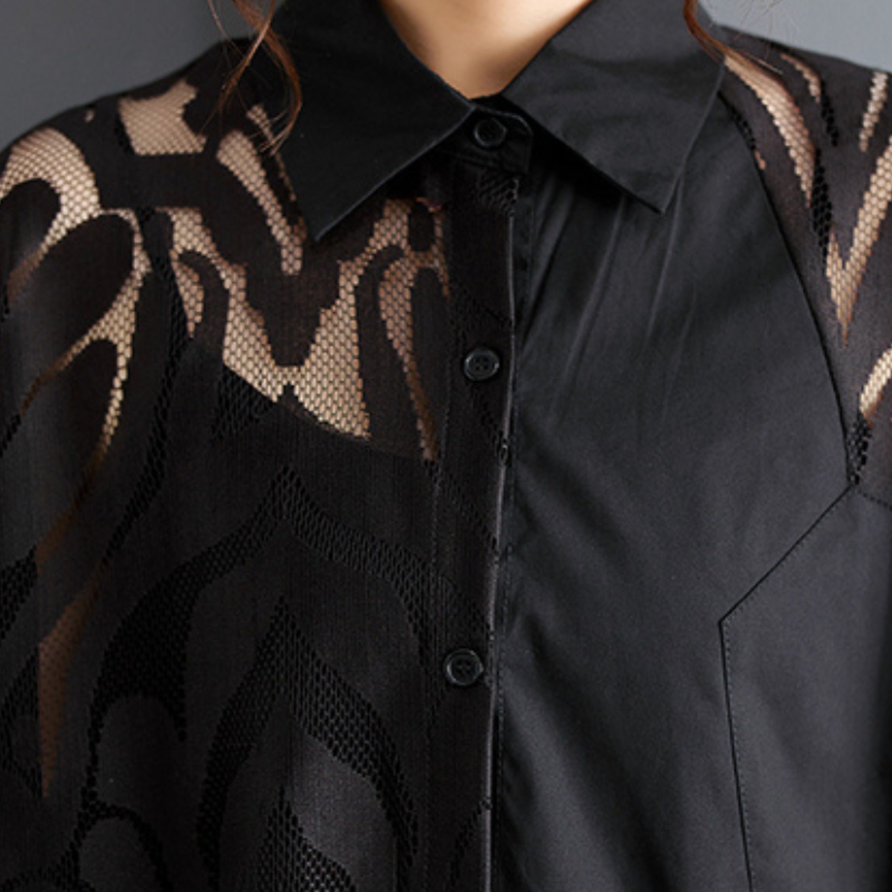 レース切替 ブラック ブラウス  30020