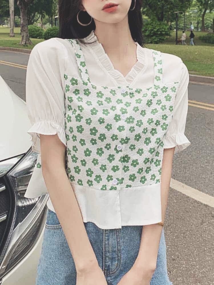 花柄ビスチェ重ね着風ブラウス ガーリー レトロ 可愛い パフスリーブ 大きいサイズ 韓国 Ch4640 可愛い大きいサイズ韓国レディースファッション通販 Chulachula チュラチュラ