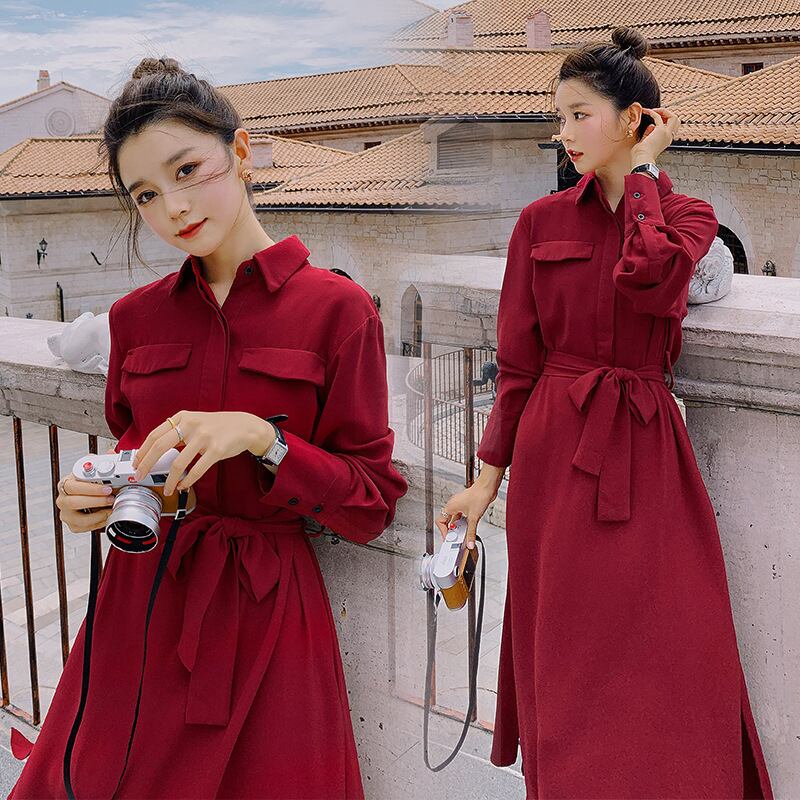 【新作】【送料無料】 マタニティウェア2020秋と冬の新しい小さな新鮮なシャツのラペルドレス、トレンディな母親のミドル丈ファッションマタニティドレス-アリババ オータム 秋物 ウィンター 冬物 expec211807868792