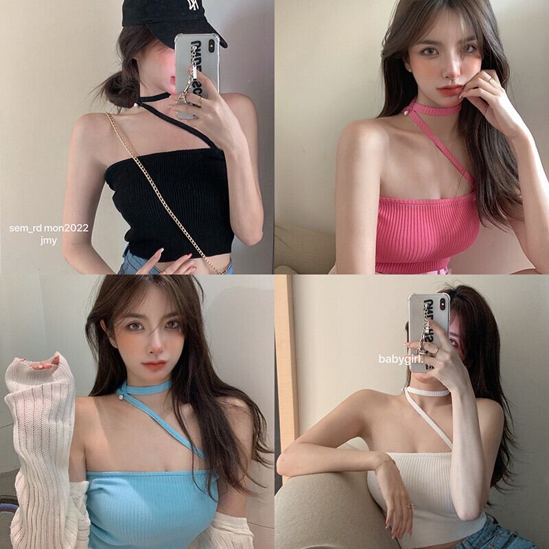 ホルターニットサマーショートブラックトップス 夏物 ガールズファッション27859128423