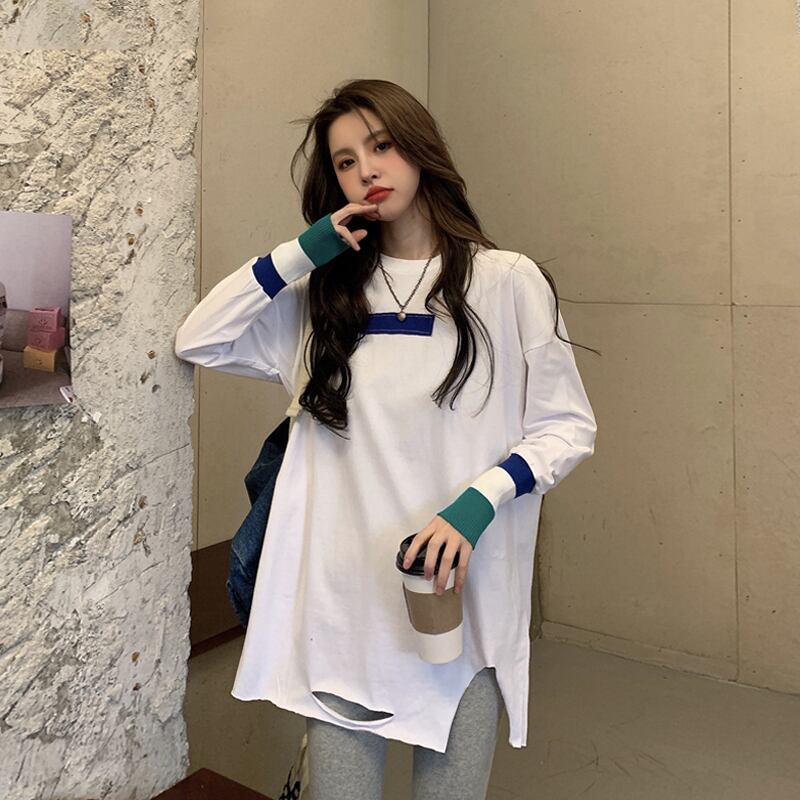 ホワイトTシャツ シャツ スプリングオータムルーズトップス ロング 春物 秋物 スーパーモール98586265735