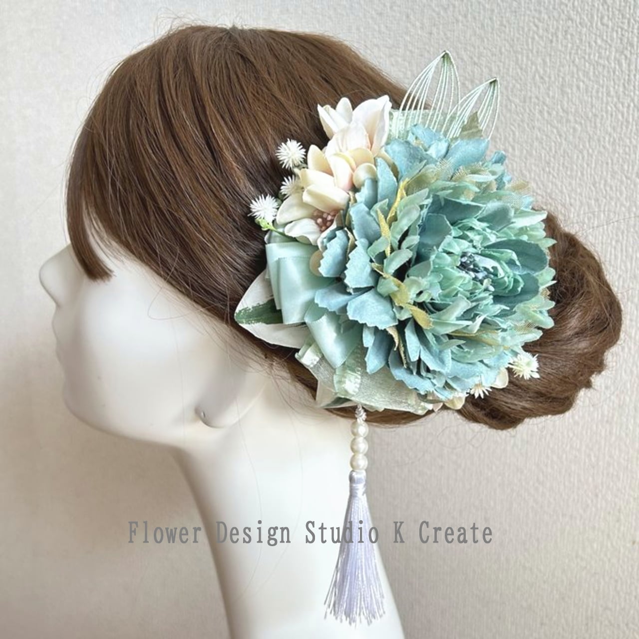 成人式・卒業袴に♡ミントグリンのピオニーのヘアクリップ ゴールド リボン ミント ピオニー 発表会 お花のヘアクリップ 浴衣