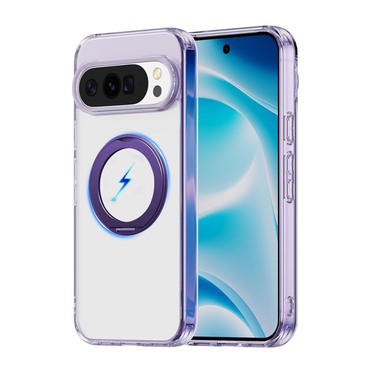 Google Pixel 10 / Pixel 10 Pro 用 ケース Magsafe対応 ピクセル10 プロ カバー 360°回転スタンド 米軍MIL規格【MARR】スマホケース 携帯ケース ワイヤレス充電 車載ホルダー 対応 ストラップ穴付き 透明 指紋防止 黄变防止(クリアパープル)
