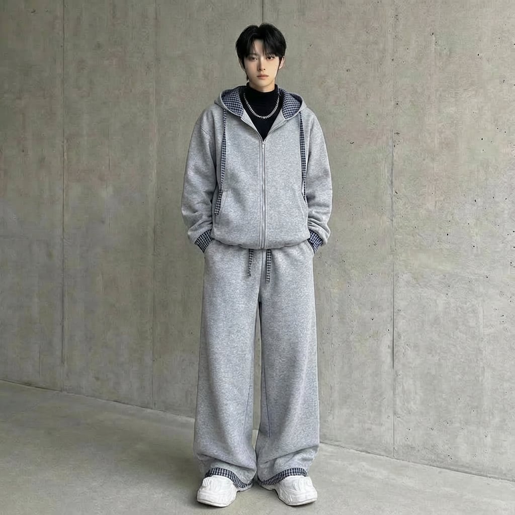 レイヤードチェック ワイドシルエットスウェットセットアップ 2カラー D12200