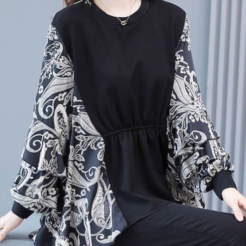 ブラウス 黒 切り替え 長袖 トップス レディース シャツ バイカラー エスニック レトロ エレガント シフォン フリル ウエスタン 上品 クール系 カッコイイ 柄 個性的 ラウンドネック 体型カバー